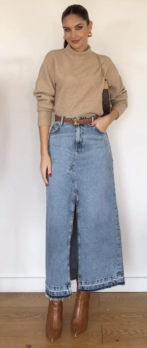 Newest Womens Fashion, Denim Maxi Skirt Fall, Jean Dress Styling, Maxi Demin Skirt Outfits, Denim Maxi Skirt Outfit Fall 2023, Styling Long Jean Skirt, Long Dark Denim Skirt Outfit, Jean Skirt And Boots Outfit, Long Navy Skirt Outfit