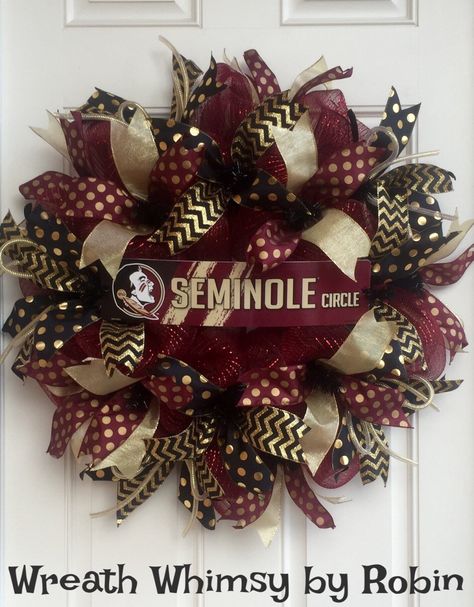 Florida State University Seminoles Garnet, Black and Gold Deco Mesh Sports Wreath, Football Wreath, FSU Decor, Collegiate Wreath by WreathWhimsybyRobin on Etsy Fsu Decor, College Wreaths, Football Wreaths, Florida State Seminoles Football, Sports Wreath, Florida State Football, Fsu Football, Fsu Seminoles, Sports Wreaths