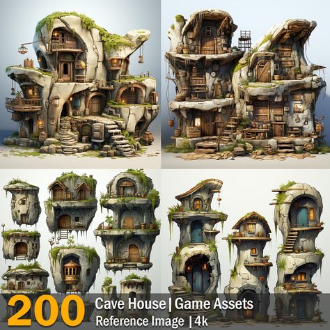 Cave House Concept Art, Cave Hideout Concept Art, Cave Interior Concept Art, Cave City Concept Art, Cave Environment Concept Art, Steampunk Building, Dark Cave, House Games, Cave House