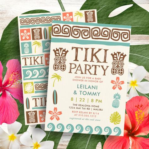 Retro Tiki Party, Tiki Birthday Party, Surf Theme Party, Tropical Birthday Invitations, Hawaiian Invitations, Luau Party Invitations, Beach Bash, Luau Birthday Party, Tropical Birthday