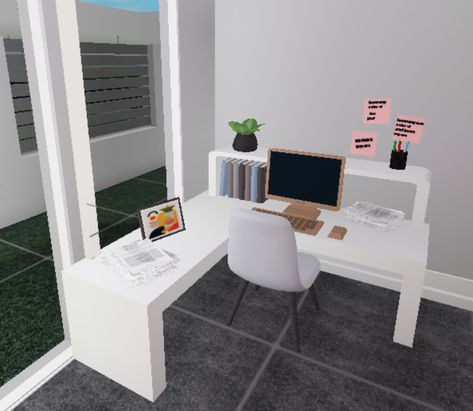 Bloxburg Bedroom Desk Ideas, Roblox Bloxburg Office Room Ideas, Desk Ideas For Bloxburg, Bloxburg Study Area Ideas, Desk Bloxburg Ideas, 3x3 Bloxburg Office, Bloxburg Desk Ideas Aesthetic, Office Ideas In Bloxburg, Desk Idea Bloxburg