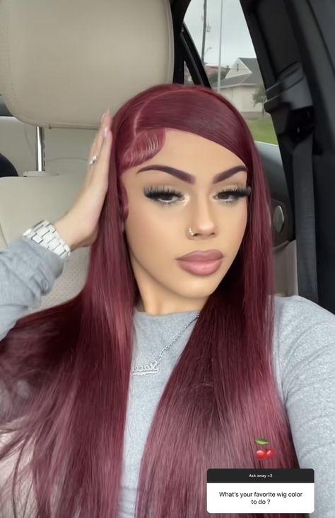 Maroon Hair With Blonde Money Piece, Brown Hair With Red Money Piece, Red Dark Hair, Stacey Rosado, Wine Hair Color, Maroon Hair, Latina Hair, Wine Hair, Red Hair Inspo