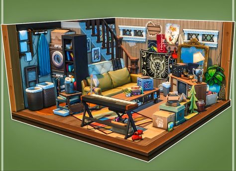 Sims Basement, Sims 4 Messy Room Cc, Sims 4 Basement Ideas, Sims 4 Maximalist, Sims Dorm Room, Sims4 Room Ideas, Sims 4 Cc Messy Room Clutter, Attic Room Sims 4, Sims 4 Cluttered Room