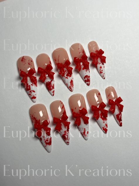 White French tips red splatter nails|  Com with 10 nails  stiletto show in images White Blood Splatter Nails, Halloween Nails Blood Splatter, Red Nails With Bow, Blood Halloween Nails, French Tip Red, Blood Splatter Nails, Spooky Sets, Sweetheart Nails, Halloween Nails Inspo