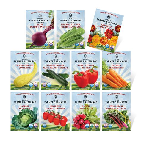 The Old Farmer's Almanac Heirloom Vegetable Garden Starter Kit includes 10 of our most popular open-pollinated, heirloom vegetable seed packets plus a bonus packet of Petite Mixture Marigold seeds for companion planting. Each kit typically includes Crookneck Squash, Detroit Dark Red Beets, Parris Island Cos Romaine Lettuce, Black Beaty Zucchini, Big Red Sweet Peppers, Tendersweet Carrots, Golden Acre Cabbage, Large Red Cherry Tomatoes, Cherry Belle Radish, and Rainbow Mixture Swiss Chard seeds. Coleus Seeds, Vegetable Seeds Packets, Types Of Peppers, Seed Starter Kit, Planting Calendar, Farmers Almanac, Old Farmers Almanac, Seed Starter, Red Beets