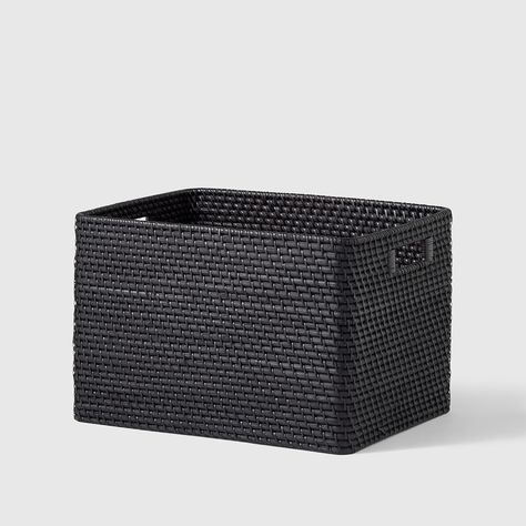 Wooden Bin, Wooden Bins, Black Bin, Clinic Interior, Black Basket, Home Edit, Decorative Storage Baskets, Clinic Interior Design, Decorative Storage Boxes