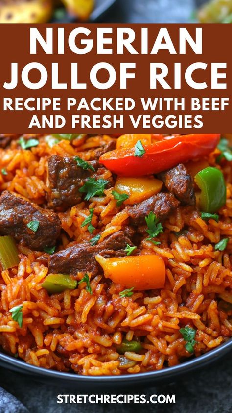 Ready to try Jollof rice with vegetables and beef? Our jollof rice with veggies recipe is a game-changer! Packed with savory beef, nutritious vegetables, and bold spices, it's a complete meal in one pot. Save this pin to upgrade your weeknight dinners! Save this pin and check the blog for the ultimate veg jollof rice experience. Best Jollof Rice Recipe, Jollof Rice Nigerian Recipe, Joloff Rice Recipe Nigerian, Joloff Rice Recipe, Jollof Rice Ghanaian, Nigerian Jollof Rice Recipe, Jollof Rice Nigerian, Nigerian Jollof Rice, Jollof Rice Recipe