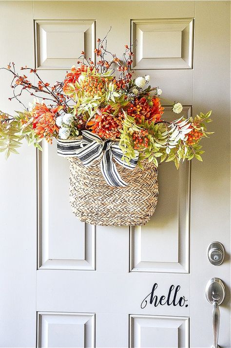 French Farmhouse Style Fall Bedroom - Easy Ideas - shabbyfufu.com Outdoor Fall Wreaths, Stone Gable, Fall Porches, Front Door Baskets, Fall Front Door Decor, Door Basket, Easy Fall Wreaths, Fall Leaf Garland, Basket Diy