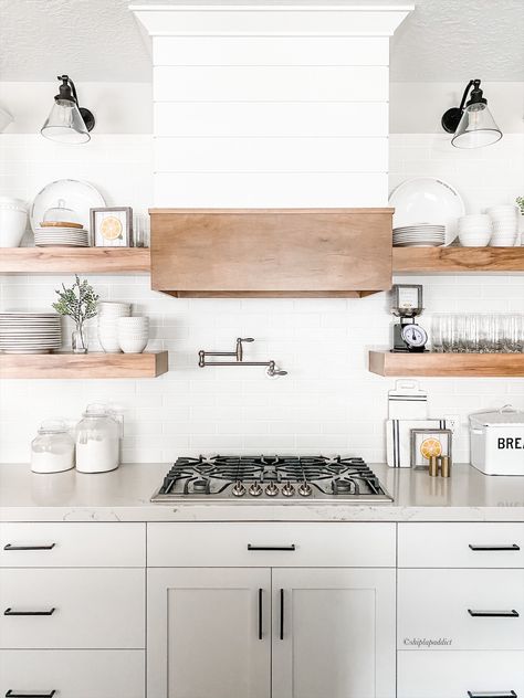 When designing my hood I know I wanted shiplap!!!  I also wanted a light stain on my maple floating shelves and to tie it all in have some of that maple wood wrap around the end of my hood. To see more of my kitchen check out @shiplapaddict on Instagram. Shiplap Hood, Kitchen Shiplap, Mexican Kitchen Style, Wooden Range, Gooseneck Lighting, Floating Kitchen Shelves, Shiplap Kitchen, Design My Kitchen, Cooking Aesthetic