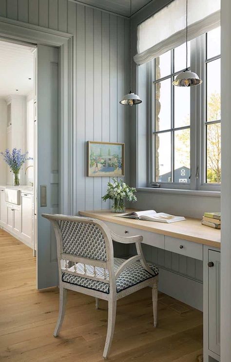 Swedish Office Design, Swedish Country House Interior Design, Swedish Inspired Home, Grey Windows Interior, F&b Light Blue, Swedish Home Design, Home Office Inspo Aesthetic, Blue Craft Room, Traditional Swedish Interior