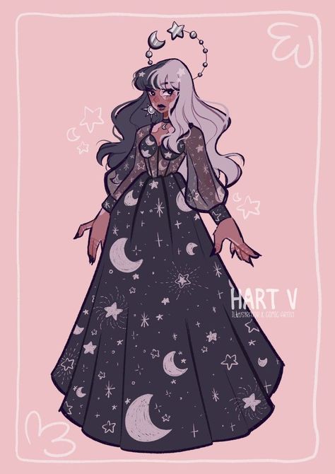 Space Clothes Drawing, Star Dress Drawing, Space Oc Art, Toddler Costume Ideas, Moon Character Design, Celestial Character Design, Art Outfit, Clothing Sketches, Dress Design Drawing