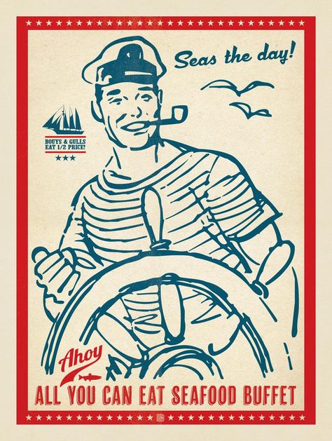 Seas The Day Vintage Makeover, Seafood Buffet, Anderson Design Group, Seas The Day, Retro Artwork, Vinyl Stickers Laptop, Vintage Advertising Posters, Vintage Nautical, Advertising Poster