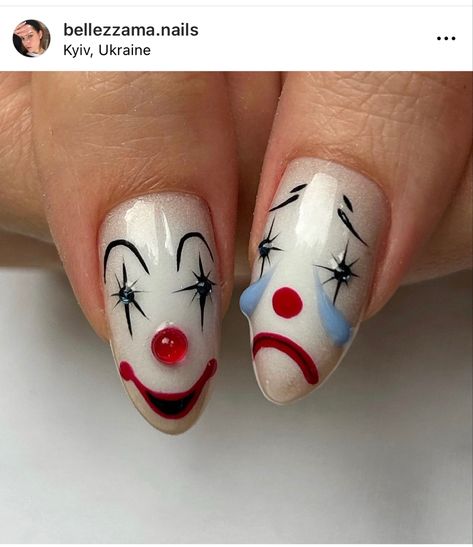 Clown Face Nails, Pink Clown Nails, Jester Nails, Clowncore Nails, Clown Nail Art, Clown Nails, Clown Faces, Circus Theme, Save The Queen