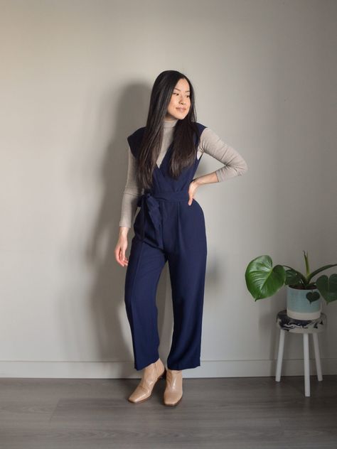 Jumpsuit Layering Outfit, Layered Jumpsuit Outfit, Blue Jumpsuits Outfit, Jumpsuit Outfit Winter, Turtleneck And Tshirt, Jumpsuit Layering, Petite Fashion Outfits, Dynamite Clothing, Tips For Winter