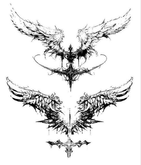 Thread Ideas Twitter, Cybersigilism Wings Tattoo, Angel Cybersigilism, Horizontal Tattoo Ideas For Men, Gothic Medieval Tattoo, Aggrogoth Tattoo Design, Chicken Scratch Tattoo, Neotribal Wings, Cybersigilism Wings