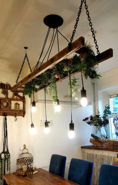 Chandelier Made Of Wood, Ladder On Ceiling, Ladder Lights Hanging, Ladder Light Fixture, Hanging Lights Ideas, Ladder Chandelier, Plant Chandelier, Hanging Ladder, Farmhouse Chandelier Lighting