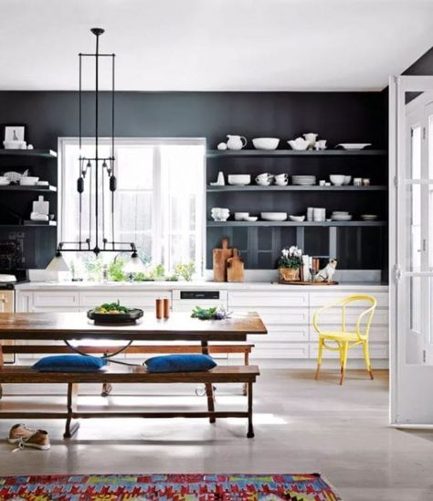 SPACES: One Wall Kitchen Design Tips - National Design Academy Feng Shui Kitchen Colors, Contemporary Grey Kitchen, Blue Kitchen Paint, Kitchen Interior Inspiration, Feng Shui Kitchen, Feng Shui Colors, One Wall Kitchen, White Modern Kitchen, Grey Kitchens