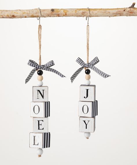 Black & White Stripe Wooden Block Ornament - Set of Two. Unique ornaments featuring natural wood elements and classic holiday charm.Includes two black and white stripe wooden block ornamentsFull graphic text (ornament 1): Noel.Full graphic text (ornament 2): Joy.1.75'' W x 7'' H x 1.75'' DWoodImported Block Ornaments, Clear Christmas Ornaments, Christmas Craft Show, White Christmas Ornaments, Christmas Crafts To Sell, Christmas Tree Set, Craft Show Ideas, Unique Ornament, Christmas Ornament Sets