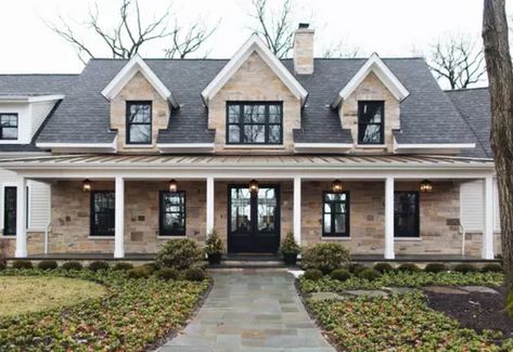 13 Exterior House Colors That Go With Black Window Frames | Hunker Brick Exterior With Black Windows, Exterior With Black Windows, Craftsman Front Porch Ideas, Midcentury Modern Front Door, Craftsman Front Porch, Orange Brick Houses, Jean Stoffer Design, Jean Stoffer, Rustic Front Door