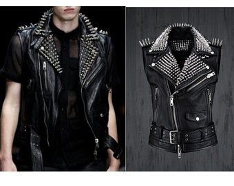 View Men's jacket by HIDESOULSstudio on Etsy Studded Leather Vest, Rock Punk Style, Punk Leather Jacket, Leather Button Up, Studs And Spikes, Mode Punk, Black Leather Vest, Stud Fashion, Black Punks