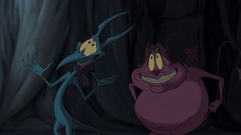 Pain and Panic are the secondary antagonists of Disney's 1997 animated feature film Hercules. They are two shapeshifting imps who are minions of Hades and provide comic relief. Neither are very intelligent or especially loyal to him and serve Hades only because they fear him and possibly because he owns their souls. They appear to be immortal and capable of regeneration, but being demonic rather than godly, both are capable of feeling pain. Pain And Panic, Disney's Hercules, Hercules 1997, Hercules Disney, Notebook Decoration, Disney Heroes, Kingdom Hearts Ii, Zero To Hero, Disney Screencaps