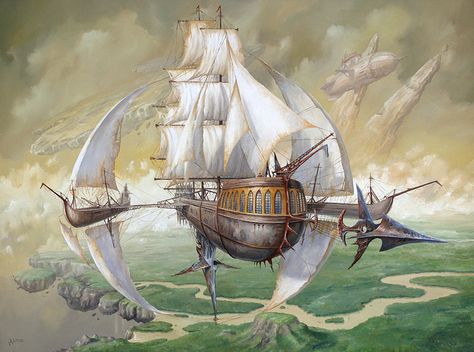 Art of jarosław jaśnikowski by United Geekdom of GNU/Linux, via Flickr Fantasy Vehicles, Steampunk Kunst, Steampunk Ship, Airship Art, Steampunk Shop, Fantasy Inspo, Flying Ship, Steampunk Vehicle, Steampunk Airship