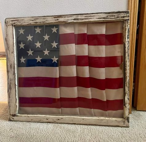 Flag Display Ideas, Old Window Projects, American Flag Decor, Flag Display, Window Crafts, American Flag Wood, Window Projects, Cottage Rental, 4th Of July Decorations