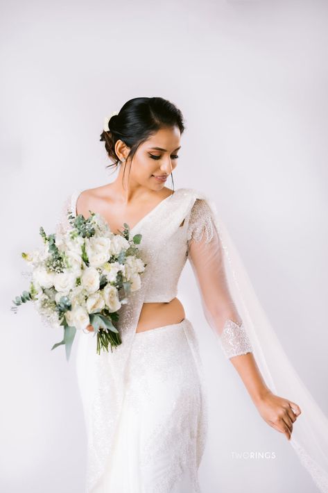 modern Indian bridal - Sri Lanka Wedding Saree Sri Lanka, Modern Kandian Bride Sri Lanka, Sri Lankan Wedding Saree Bridal, Sri Lankan Wedding Saree, White Saree Wedding, Kandyan Brides, Celebrity Wedding Gowns, Party Saree, Christian Bride