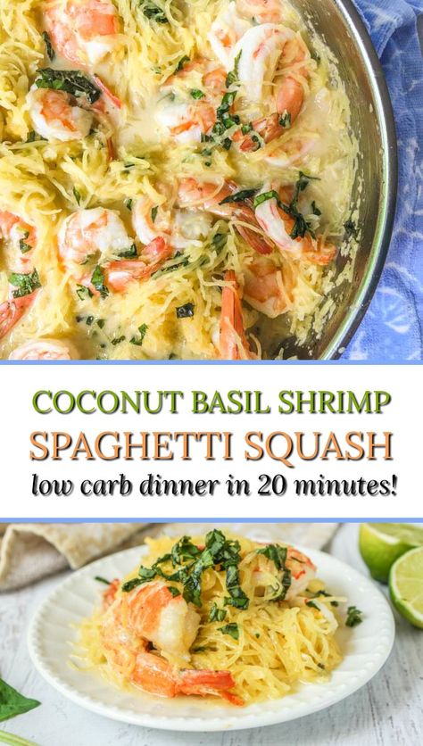 Shrimp Spaghetti Squash, Spaghetti Squash Shrimp, Basil Shrimp, Gluten Free Pasta Dishes, Pasta Shrimp, Spaghetti Squash Recipe, Shrimp Spaghetti, Thai Shrimp, Seafood Bake