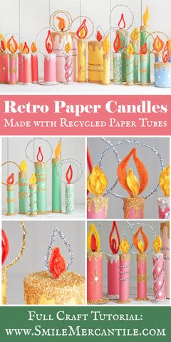 Retro Paper Christmas Candles made from Cardboard Tubes and Paper Roll – Smile Mercantile Craft Co. Toilet Paper Roll Candles Christmas, Paper Candles Diy, Toilet Roll Candles, Matilda Props, Cardboard Candles, Paper Candle Craft, Paper Towel Roll Candles, Toilet Paper Roll Candles, Retro Candles