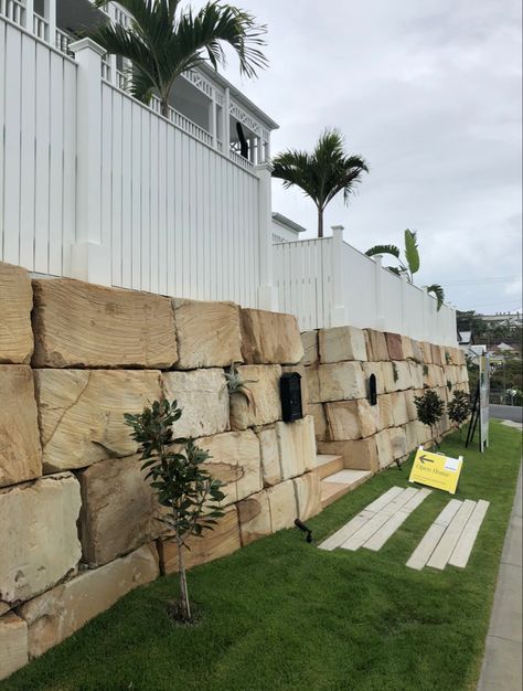 Sandstone Retaining Wall, Fence On Retaining Wall, Sandstone Fence, Victorian Exterior, Stone Fence, Sandstone Wall, Front Fence, Timber Fencing, Landscaping Retaining Walls