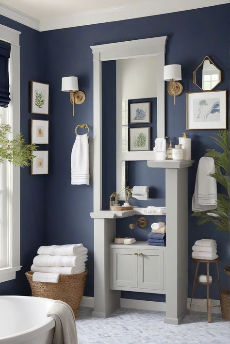 Get inspired by the deep blue hue of Hale Navy (HC-154) for a striking nautical touch in your bathroom decor. Dive into a daily dose of interior design inspiration! #Ad #homedecor #homedesign #bathroom #Painthome interiorarchitecture best Wall Colors for Bathroom Colors
Bright Room Colors
best colors combinations bathroom
bathroom Remodeling
Modern Paint Colors
2024 Navy Blue Wall Bathroom, Hale Navy Bathroom Walls, Navy Bathroom Walls, Navy Blue And White Bathroom, Bathroom Colors Blue, Blue Powder Rooms, Popular Living Room Colors, Blue Bathroom Paint, Paint Colors 2024