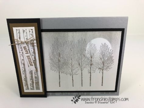 Winter Woods is perfect for a masculine card and can be so soft and simple. All product by Stampin'Up! and available at frenchiestamps.com Winter Tree Crafts, Winter Gif, Stampin Up Anleitung, Man Cards, Winter Woods, Thanksgiving Card, Wood Card, Tree Stamp, Winter Tree