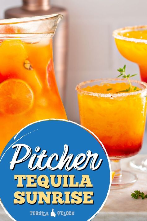 Pitcher tequila sunrise recipe Tequila Sunrise Pitcher, Big Batch Tequila Sunrise, Tequila Sunrise Pitcher Recipe, Tequila Pitcher Cocktails, Tequila Punch For A Crowd, Vodka Sunrise Recipe, Tequilla Sunrise, Tequila Punch, Tequila Orange Juice