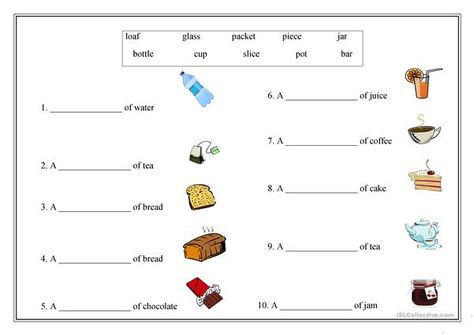 Food partitives - English ESL Worksheets for distance learning and physical classrooms Writing Exercise, Uncountable Nouns, Preschool Bulletin, Microsoft Office Word, Collective Nouns, Learning English For Kids, Office Word, Writing Exercises, Teaching Jobs