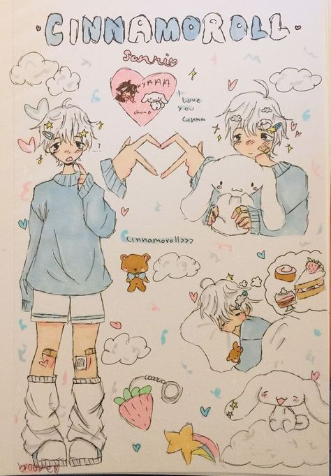 Cinamoroll As A Human, Hello Kitty Human Drawing, Cinnamoroll Sketch, Cinnamoroll As A Human, Human Cinnamoroll, First Page Of Sketchbook Ideas Drawing, Character Sketch Page, Cinnamoroll Painting, Cinnamoroll Fanart