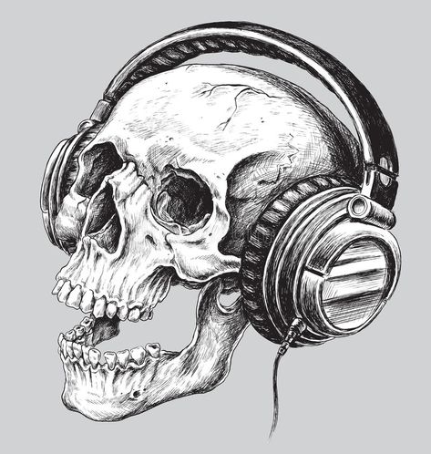 Skull Wearing Headphones, Skull With Headphones, Headphones Tattoo, Skull Headphones, Headphones Drawing, Headphones Art, Tattoo Coloring Book, Stars Tattoo, Dj Art