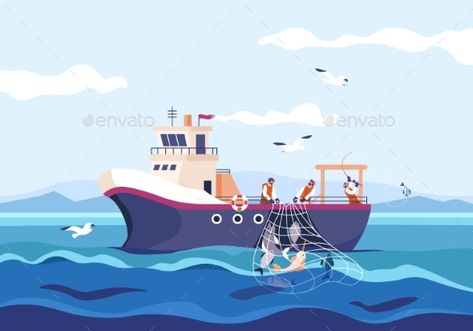 Fisherman Work Boat Fishing Cartoon, Habit Tracker App, Boat Vector, Boat Illustration, Sea Ship, Illustration Ideas, Kids Learning Activities, Habit Tracker, Earth Science