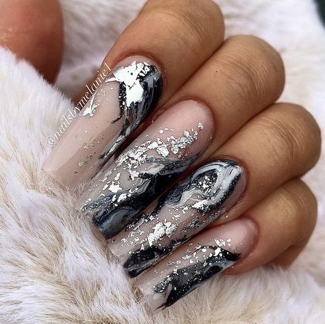 Silver Nail Ideas, Black Silver Nails, Black Marble Nails, Nails With Black, Blue And Silver Nails, Pale Pink Nails, Prom Nails Silver, Silver Nail Designs, Silver Nail Art