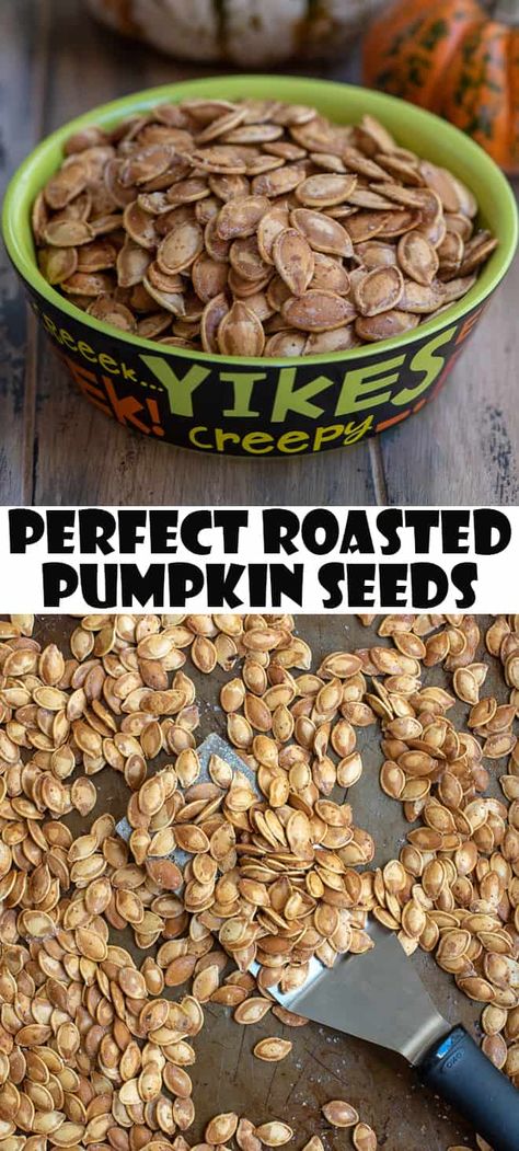 My tried and true method and step-by-step tutorial for roasting pumpkin seeds. It wouldn't be Halloween in our house without these Perfect Roasted Pumpkin Seeds. #pumpkinseeds #roastedpumpkinseeds #halloween #halloweenrecipes Pumpkin Spice Pumpkin Seeds, Pumpkin Seed Recipes Roasted, How To Roast Pumpkin, Roast Pumpkin Seeds, Pumpkin Seeds Recipe, Pumpkin Seed Recipes, Carving Pumpkins, How To Roast, Fall Snacks