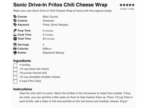 Sonic Frito Chili Cheese Wrap, Frito Chili, Chili Cheese Fritos, Sonic Drive In, Frito Pie, Cheese Wrap, Chili Cheese, Copycat Recipes, Main Course