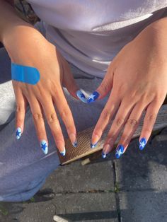 Cute Star Acrylic Nails, Blue Nails Valentines, Nail Art School, Royal Blue Nails With Stars, Blue Nails Asthetics, Blue Concert Nails, Blue Star French Tip Nails, Blue Nails White Stars, Blue Nails With Star Design