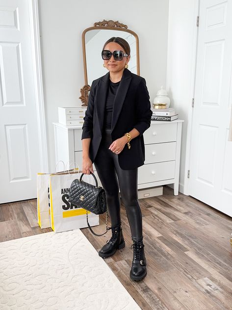 black blazer / black top / bodysuit / black boots / boots / spanx / leggings / leather pants / channel bag / fall ootd / fall style Boots Blazer Outfit, Leggings Leather, Leggings Boots, Fall Ootd, Lug Boots, Ootd Fall, Bodysuit Black, Trendy Fall Outfits, Trendy Fall