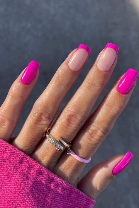 Pink french tip nails Nail Polish Ideas Easy, Two Color Nails, Pink French Tip Nails, Classic Nail Designs, Pink Tip Nails, Colored Nail Tips, Pink French Tip, Bright Pink Nails, Nails Bright