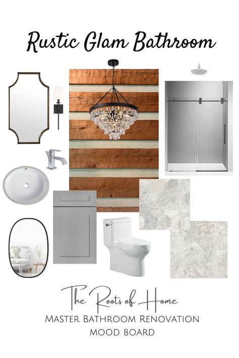 Design mood board for a rustic glam log home master bathroom Rustic Glam Master Bath, Rustic Glam Bathroom Ideas, Rustic Glam Bathroom, Glam Bathroom Ideas, Rustic Glam Decor, Glam Bathroom, Bathroom Decor Apartment, Rustic Glam, Rustic Bathrooms