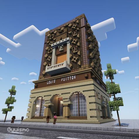 Louis Vuitton Store - I'm a fashion lover and a Minecrafter. I came up with the idea of a build inspired by fashion, so here it is, hope you all like it! - Survival Friendly 💯 - Follow for more - Download Available on patreon ! #minecraft #minecrafthouses #minecraftbuilds #louisvuitton Store Minecraft Ideas, Library Minecraft Build, Minecraft Stores Ideas, Store Minecraft, Minecraft Stores, Library Minecraft, Minecraft City Buildings, Minecraft Modern, Minecraft House Tutorials