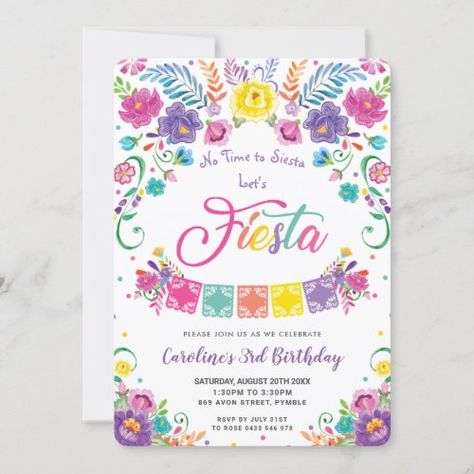 $3.04 | Mexican Floral Flowers Fiesta Birthday Party #chic, cinco the mayo, purple pink yellow turquoise orange, floral folklore party, elegant, spanish mexicana flowers, colorful garden high tea party, mexican fiesta birthday party invite, no time to siesta, cumpleaños Folklore Party, Garden High Tea, Mexican Fiesta Birthday Party, Fiesta Baby Shower Invitations, Mexican Invitations, Fairy Baby Showers, Mexican Birthday Parties, Floral Birthday Invitations, Fiesta Birthday Party