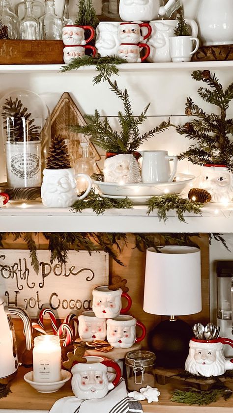 Christmas Mug Display Ideas, Hot Cocoa Display, Hot Cocoa Bar Ideas Christmas Decor, Cocoa Bar Station, Christmas Cocoa Bar, Cocoa Whipped Cream, Christmas Hot Cocoa Bar, Santa Display, Coco Bar