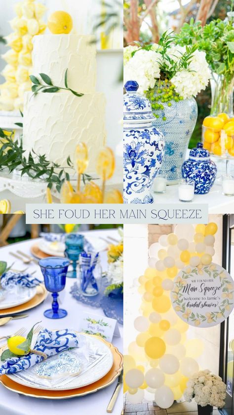 Lemon And Blue Themed Bridal Shower Ideas, Bridal Shower Lemons Theme, Blue And White Lemon Theme, Sicily Bridal Shower Theme, Amalfi Bridal Shower Ideas, I Found My Main Squeeze, She Found Her Main Squeeze Bridal Shower Decorations, Amalfi Coast Shower Theme, Main Squeeze Bridal Shower Ideas