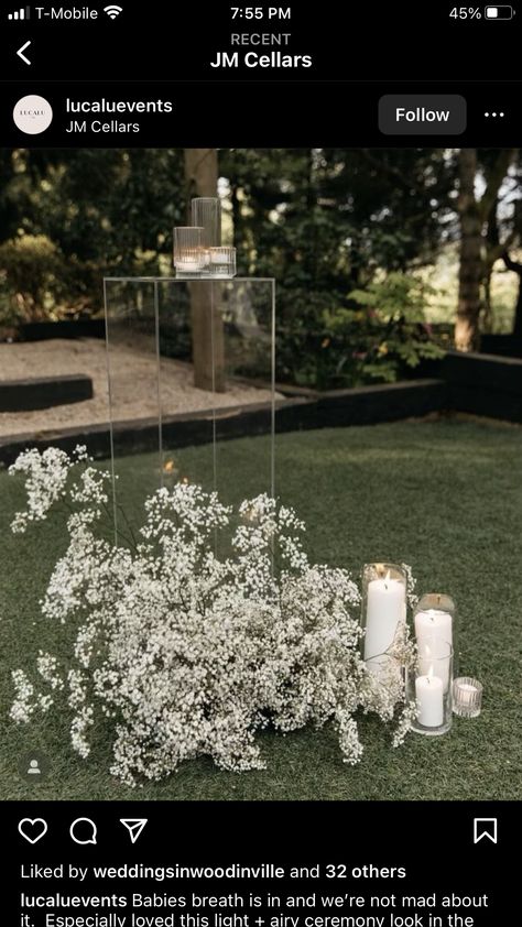 Clear Pedestals Wedding Ceremony, Wedding Ceremony Floral Pedestal, Wedding Altar Pillars, Alter Floral Arrangement, Baby Breath Arch Wedding, Altar Arrangements, Wedding Alter, Gypsophila Wedding, Rose Floral Arrangements